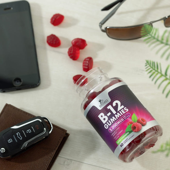 B12 Gummies for Adults, Extra Strength Energy 3000 mcg - B-12 Energy Metabolism & Immune System Support - Chewable Dietary Supplement for Adults & Kids Caffeine Free Gummy Vitamin - 60 Gummies
