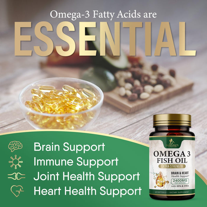 Omega 3 Fish Oil Supplements - 2400 mg Triple Strength Omega3, EPA & DHA with Essential Fatty Acids - Natural Immune, Brain & Heart Health Support - Gluten Free, Non-GMO, Wild Caught - 60 Softgels