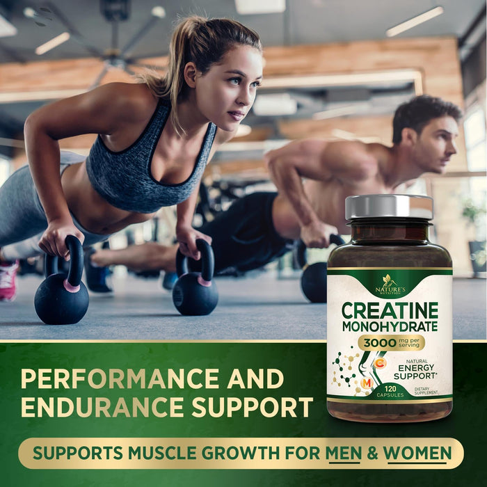 Creatine Monohydrate Capsules 3000mg – Best Micronized Creatine Powder - Supports Lean Muscle, Strength, Energy, & Endurance - Nature's Supplement, Non-GMO, Gluten Free for Women & Men - 120 Capsules