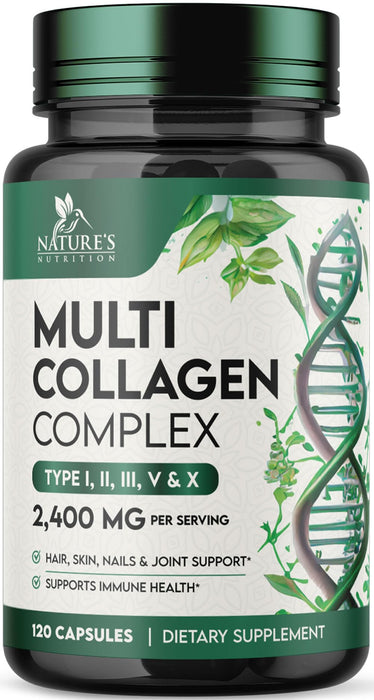 Multi Collagen Peptides Supplement 2400 mg, Types I, II, III, V & X Multi Collagen Pills Complex, Hydrolyzed Collagen Peptides Supplements, Hair, Skin, Nail, and Joint Support Supplement, 120 Capsules