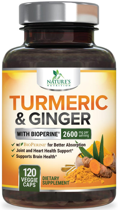 Turmeric Curcumin Supplement 2600mg with Organic Ginger & Turmeric, BioPerine Black Pepper Extract 95% Curcuminoids - Advanced Absorption Joint & Antioxidant Extra Strength Support - 120 Capsules