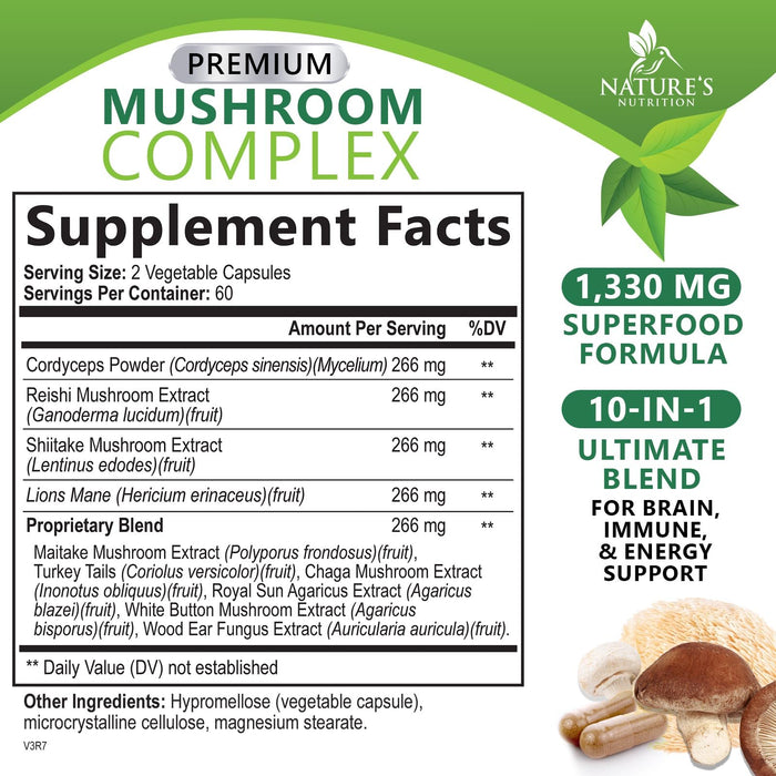 Mushroom Supplement Nootropic 1330mg - 10 in 1 High Strength Brain Supplements Mushroom Complex with Lions Mane, Turkey Tail, Reishi, Cordyceps & Chaga for Memory, Brain & Focus Support - 120 Capsules