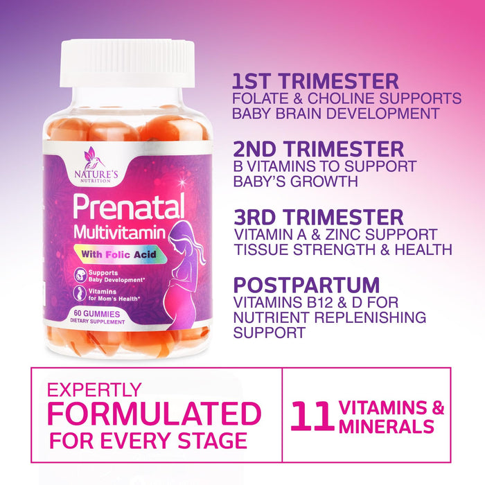 Prenatal Vitamins for Women Gummies, Folic Acid 1335mcg Pregnancy Vitamins for Fetal Support, Vitamin A, C, D3, B12, B6 & Folate, Prenatal Multivitamin Gummy for Pregnant & Nursing Women - 60 Gummies