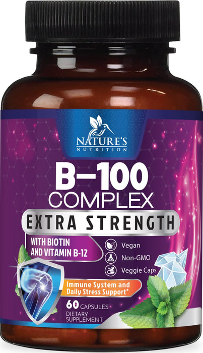 B Complex Vitamins Capsules with Vitamin B6 B12 B100 C Biotin Folate & Folic Acid - Supplement for Heart, Brain, & Nerve Support - Super Complete B-Complex for Immune & Energy Support - 60 Capsules