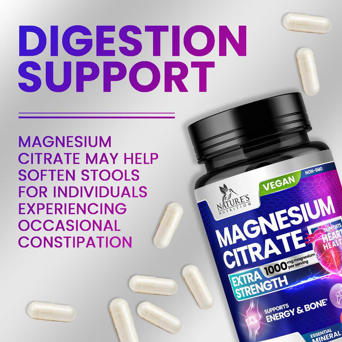 Magnesium Citrate Supplement 1000 mg for Best Absorption, Supports Bone, Heart Health, Nerves, Muscles, Metabolism & Calm, Nature's Pure Magnesio Vitamin Pills, Bottled in USA - 60 Capsules