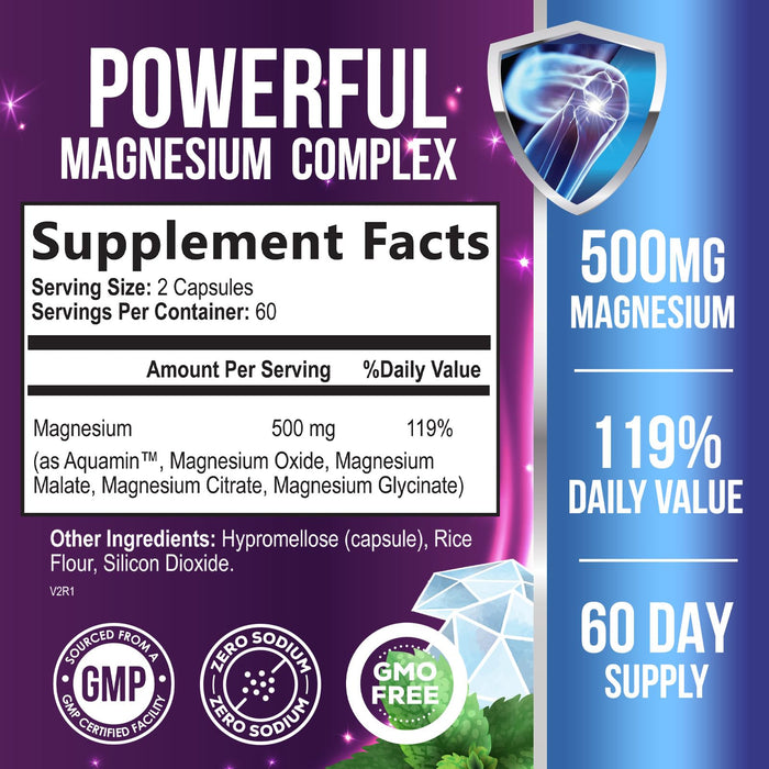 Magnesium Complex Capsules 500 mg with Oxide, Glycinate, Malate, Citrate - High Absorption Complex Chelated Magnesium Mineral Supplements - for Muscle, Bone and Heart Health Support - 120 Capsules