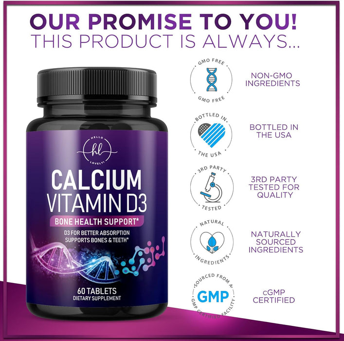 Calcium Supplements for Women 1200 mg Plus 1600 IU Vitamin D3, Bone Health, Teeth & Immune Support - Mineral Supplement with Vitamin D High Absorbable Premium 600 mg Calcium Carbonate - 60 Tablets