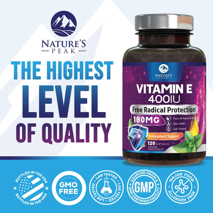 E Vitamin for Women and Men - 180 mg (400 IU) dl-Alpha - Effective Antioxidant Dietary Supplement - Hair, Skin, & Immune Health Support - Easily Absorbed Form, Non-GMO & Gluten Free - 120 Softgels