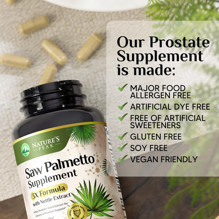 Saw Palmetto for Men Prostate Supplement - Potent 3X Formula with Stinging Nettle + Pumpkin Seed Extract for Men's Health, Herbal Prostate Supplement for Urinary Support, Bottled in USA, 60 Capsules