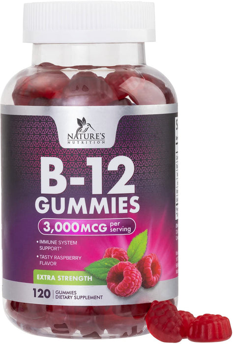 B12 Gummies for Adults, Extra Strength Energy 3000 mcg - B-12 Energy Metabolism & Immune System Support - Chewable Dietary Supplement for Adults & Kids Caffeine Free Gummy Vitamin - 120 Gummies