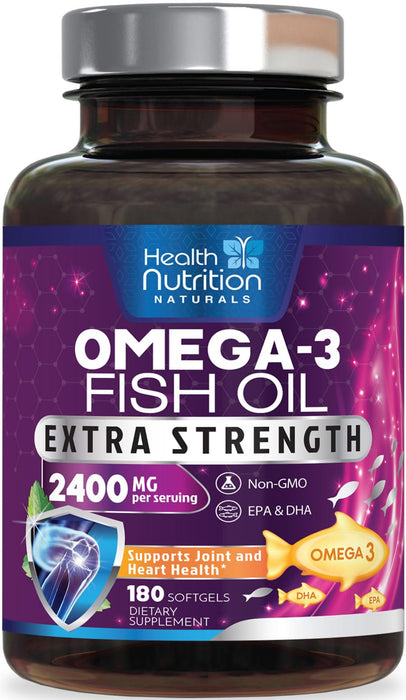 Omega 3 Fish Oil 2400 mg - Triple Strength Omega3, EPA & DHA Fatty Acids Supplement - Natural Support for Immune, Heart & Brain Health - Wild Caught, Non-GMO, Lemon Flavor, Burpless - 180 Softgels