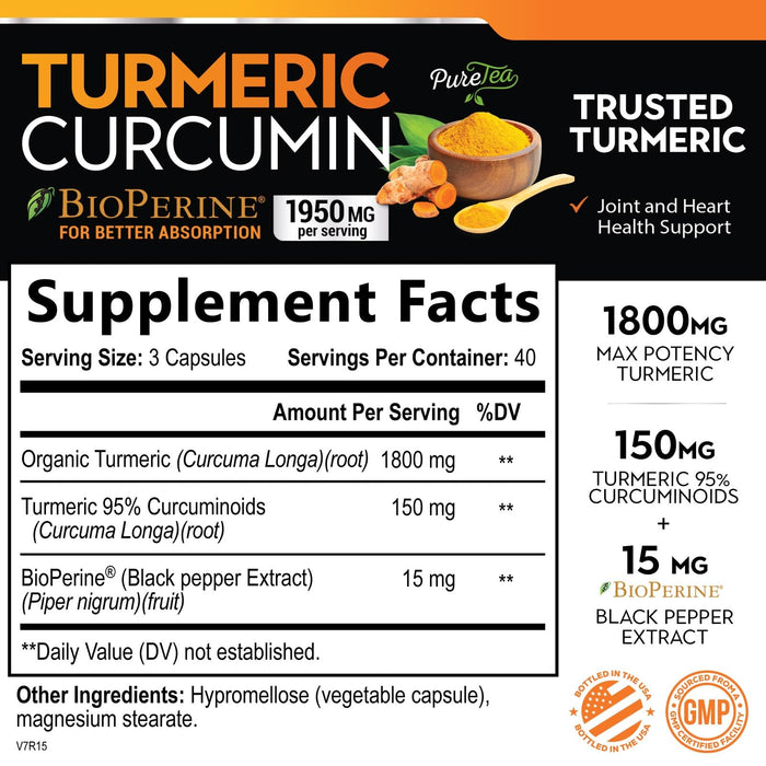 Turmeric Curcumin Supplement with BioPerine 1950mg, 95% Standardized Curcuminoids - Black Pepper for Advanced Absorption, Herbal Joint Support Complex, Nature's Tumeric Extract Non-GMO - 120 Capsules