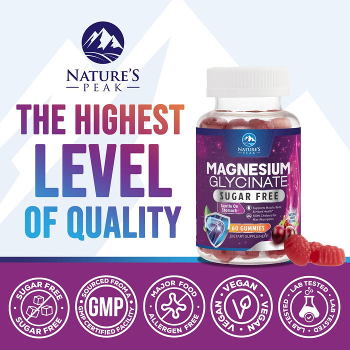 Magnesium Glycinate Gummies | Sugar Free & High Absorption | Chelated to Support Bone, Muscle, Nerves & Heart Health | Sleep & Stress Support Women & Men | Vegan, Gluten Free, Non-GMO | 60 Gummies