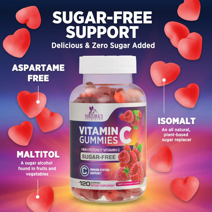 Zero Sugar Vitamin C Gummies - Immune Support & Antioxidant VitaminC Dietary Supplement - Vegan, Non-GMO, Dairy & Gluten Free C Vitamin Gummy - Raspberry Flavor for Kids & Adults - 120 Count Gummies