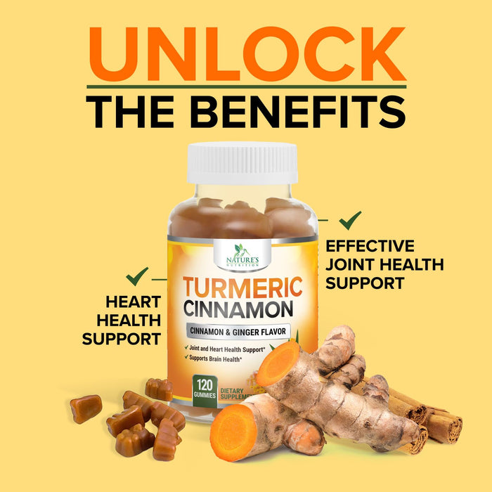 Turmeric Curcumin Supplement Gummies with Ginger & Cinnamon, 95% Curcuminoids Turmeric Curcumin Gummy with Black Pepper for Best Absorption, Nature's Vegan Joint Support Tumeric, Non-GMO, 120 Gummies