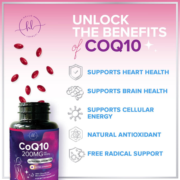 CoQ10 200mg Softgels - Ultra High Absorption, Antioxidant for Heart Health & Energy Production Support - Coenzyme Q10 (Ubiquinone) Co Q 10 Supplement and Vitamins 100mg Each - Non GMO - 240 Softgels