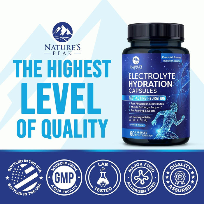 Electrolytes Supplement - 6-in-1 Advanced Hydration Complex with Sodium Chloride, Magnesium, Potassium, Calcium, Vitamin D3 - Best Sugar Free Hydrating Mineral Salt Pills - Vegan & Keto - 60 Capsules