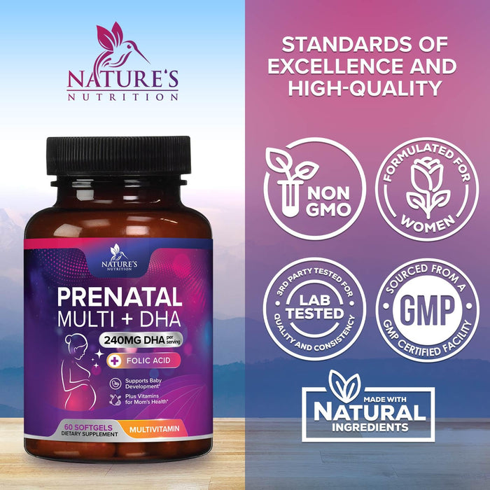 Prenatal Vitamins with Folic Acid & DHA, Fetal Brain Development Support with Folate & Omega 3's, Prenatal Multivitamin for Women, Vitamin A, C, D, B6, B12 & Iron, Pregnancy Supplement - 60 Softgels