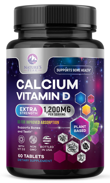 Calcium 1200 mg with Vitamin D3, Calcium Supplement Vitamins, Bone, Teeth & Immune Health Support, Calcium Supplements with D for Women & Men, Nature's Absorbable Calcium Carbonate - 60 Tablets