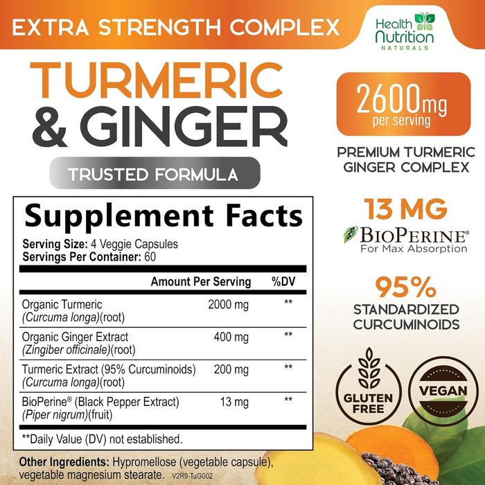 Turmeric Curcumin Supplement 2600mg - with Organic Ginger & Turmeric, 95% Curcuminoids, BioPerine Black Pepper for Best Absorption, Nature's Vegan Joint Support, Non-GMO, Bottled in USA - 240 Capsules