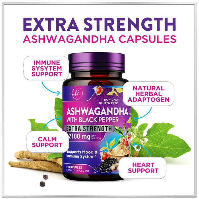 Ashwagandha 2,100 mg - Ashwagandha Supplements for Women in Veggie Capsules with Powder & Root Extract, Black Pepper for High Absorption, Plant Based, Non-GMO, Bottled in the USA - 60 Veggie Capsules