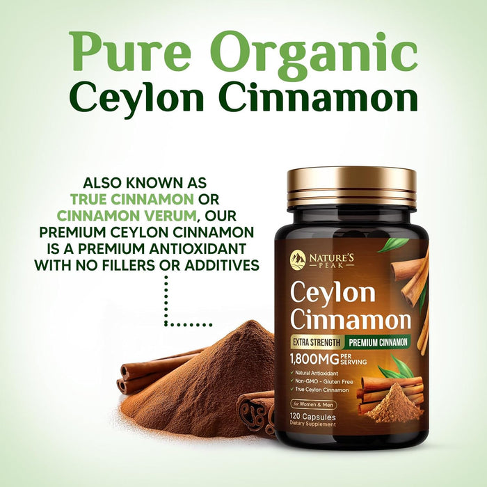 Organic Ceylon Cinnamon Capsules 1800mg - 3X Strength, Certified Organic Ceylon Cinnamon Powder Supplement - Metabolism Support, Antioxidant Pills, Gluten Free, Non-GMO, Bottled in USA - 120 Capsules