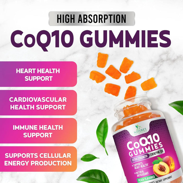 Nature's Nutrition CoQ10 Gummies 100mg – High Absorption Coenzyme Q10 Supplement for Heart Health, Energy & Antioxidant Support – Peach Flavor Gummy, Vegan, Non-GMO, Gluten Free – 30 Count