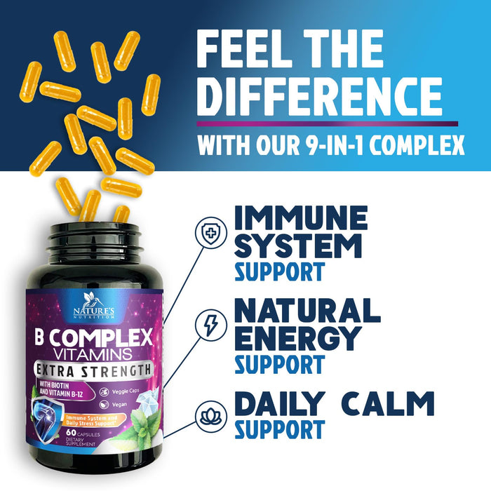 B Complex Vitamins Capsules with Vitamin B6 B12 B100 C Biotin Folate & Folic Acid – 60 Capsules