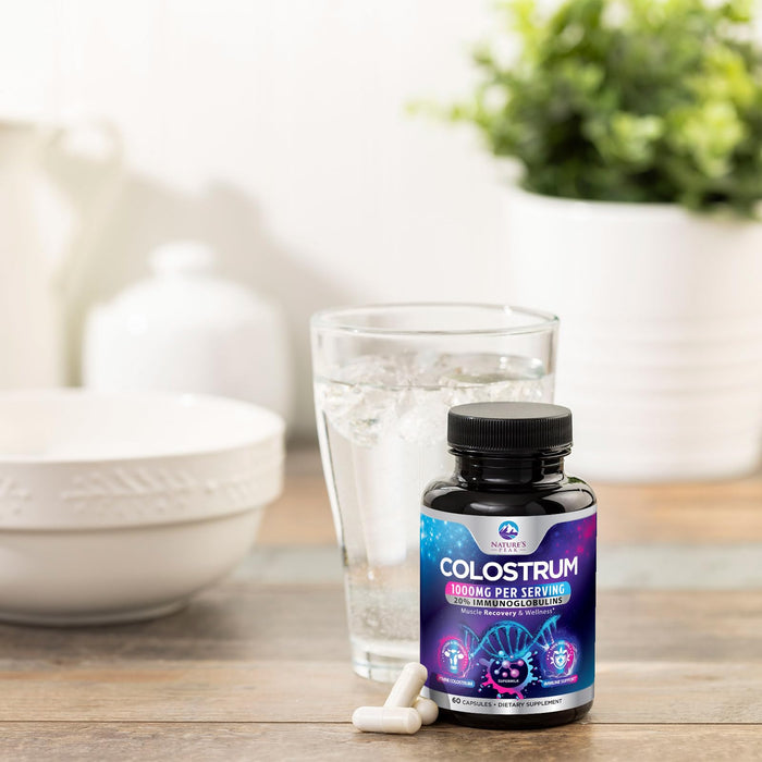 Colostrum Supplement 1000mg 20% Immunoglobulins for Gut Health, Immune Support, Muscle, Skin & Hair Growth, Bovine Colostrum Powder, Nature's Colostrum for Women & Men, Bottled in USA - 60 Capsules