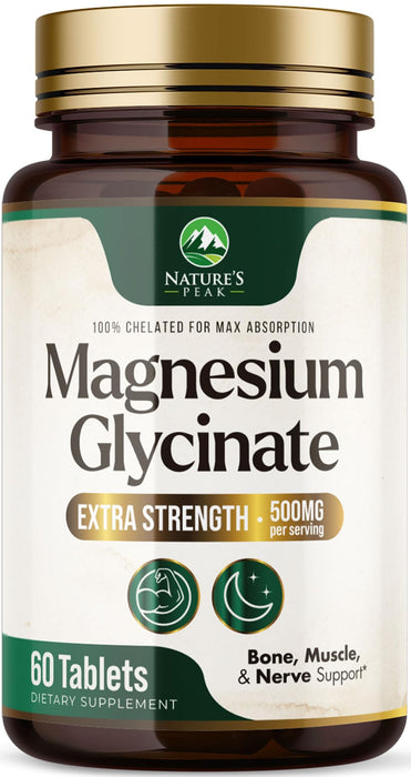 Magnesium Glycinate 500mg - Chelated for Ultra Absorption - Supports Bone, Muscle, Nerves & Heart Health, Nature's Sleep Support, Best Magnesium Supplement Pills for Whole Body Support - 60 Tablets