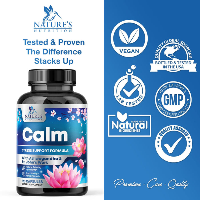 Natural Calm, Unwind & Relax Support with Ashwagandha, GABA, Magnesium, 5-HTP, L-Theanine & B Vitamins, Natural Focus, Energy & Immune Support - Nature's Non-GMO, Vegan, Gluten Free - 120 Capsules