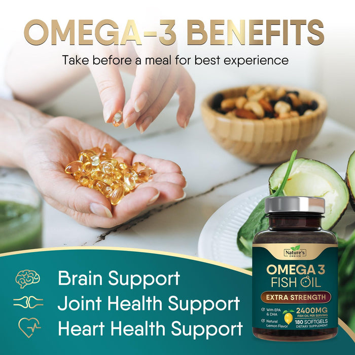 Omega 3 Fish Oil Supplement 2400 mg - Triple Strength EPA & DHA Fish Oil Omega 3, Essential Fatty Acids Supplement Softgels, Brain & Heart Health Support Supplements, Gluten Free Non-GMO, 180 Softgels