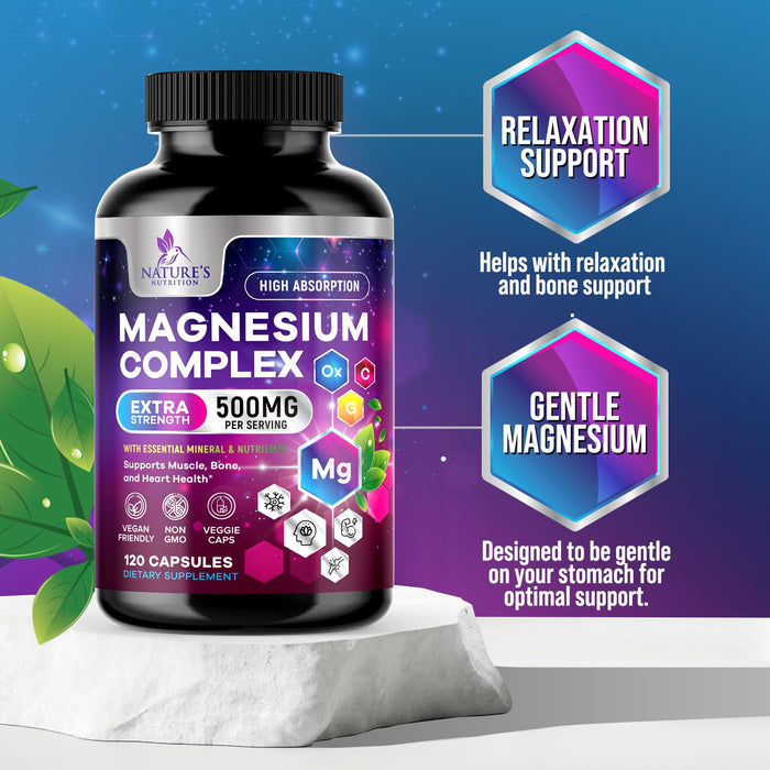 Magnesium Complex Supplement 500 mg - 5 in 1 High Absorption Chelated Magnesium Glycinate, Malate, Citrate, Oxide, Aquamin - Non-GMO Magnesio Capsules, Bone Muscle & Heart Health Support, 120 Capsules