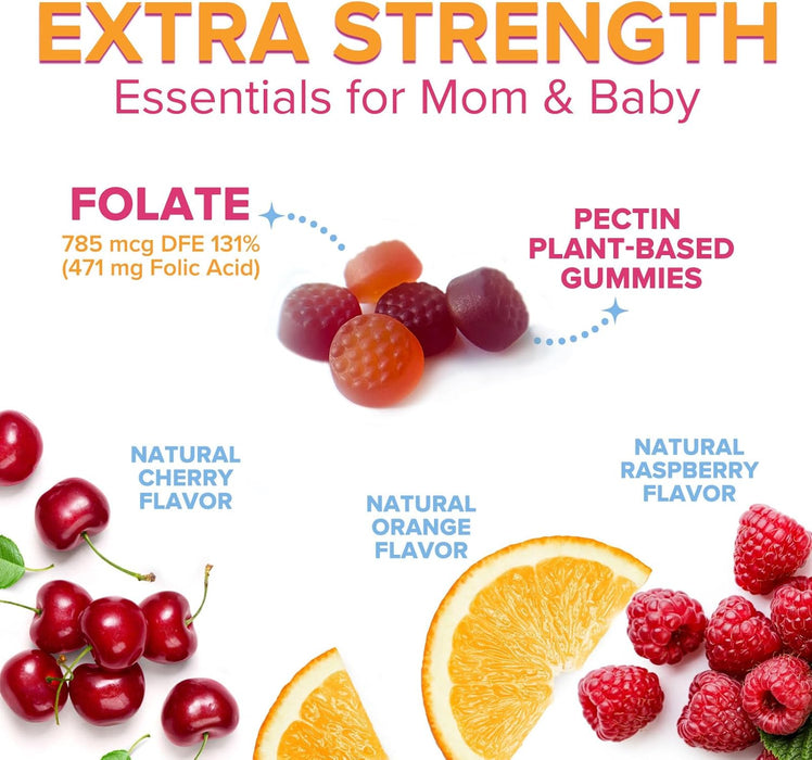 Folic Acid Gummies for Women 785 mcg, Essential Prenatal Vitamins for Mom & Baby, Vegan Folic Supplement Gummy, Daily Vitamin B9 Extra Strength Folate, Before During After Pregnancy - 60 Gummies