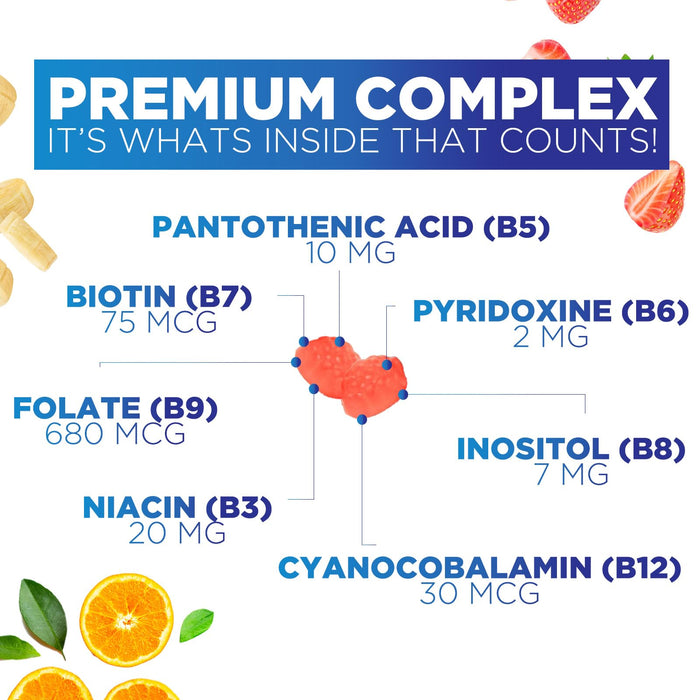 B Complex Supplement Gummies with Vitamin C & Folic Acid, Extra Strength Super Vitamin B Gummy with Niacin, B6, Folic Acid, B12, Biotin, Nature's Energy Immune Support Supplements - 60 Gummies