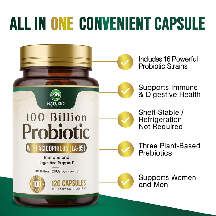 Probiotics for Women's Digestive Health - 100 Billion CFU, 16 Strains with Prebiotics, Supports Immune, Gut Health, PH, Gas & Bloating, Best Probiotic for Women & Men, Shelf Stable - 120 Capsules