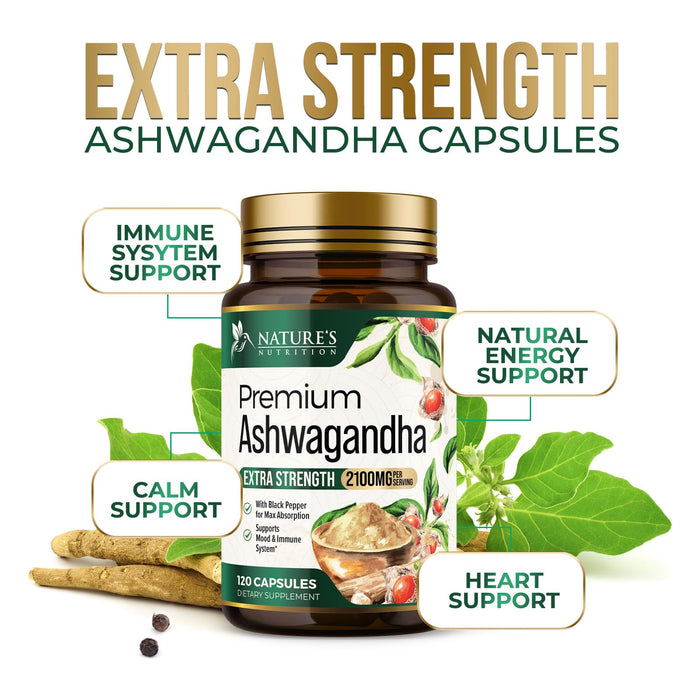 Ashwagandha Capsules for Women & Men - 2100mg Ashwagandha Supplement, Natural Antioxidant Support, Ashwa Root Extract, Extra Strength Calm Support with Black Pepper, Vegan & Gluten Free - 120 Capsules