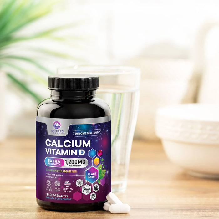 Calcium 1200 mg with Vitamin D3, Calcium Supplement Vitamins, Bone, Teeth & Immune Health Support, Calcium Supplements with D for Women & Men, Nature's Absorbable Calcium Carbonate - 240 Tablets