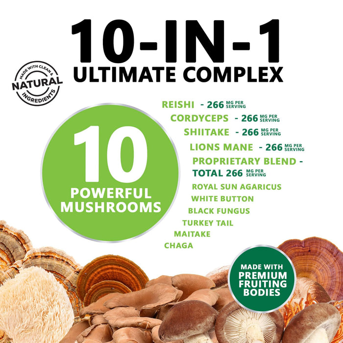 Mushroom Supplement Nootropic 1330mg - 10 in 1 High Strength Brain Supplements Mushroom Complex with Lions Mane, Turkey Tail, Reishi, Cordyceps & Chaga for Memory, Brain & Focus Support - 60 Capsules
