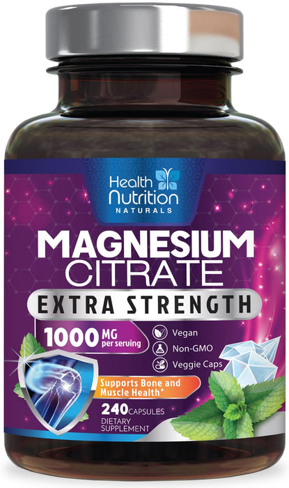 Magnesium Citrate Capsules 1000mg - Max Absorption Magnesium Powder for Muscle, Nerve, Bone and Heart Health Support, High Absorption Citrate Complex, Gluten Free, Non-GMO - 240 Capsules