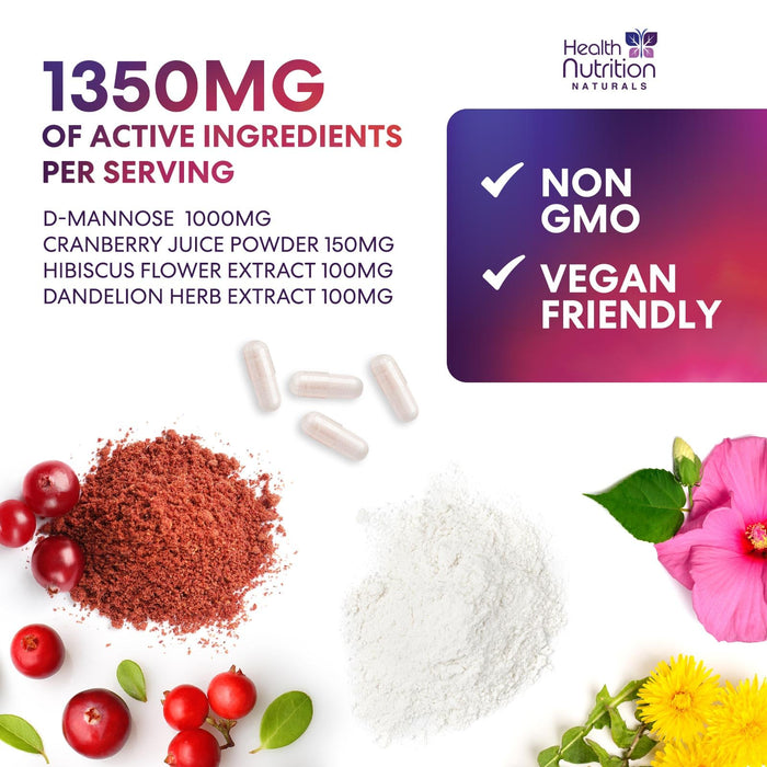 D-Mannose Supplement 1,350mg with Cranberry, Hibiscus & Dandelion - Fast-Acting, Natural Bladder & Urinary Tract Support for Women & Men – Flush & Cleanse Impurities – Non-GMO, Vegan – 180 Capsules