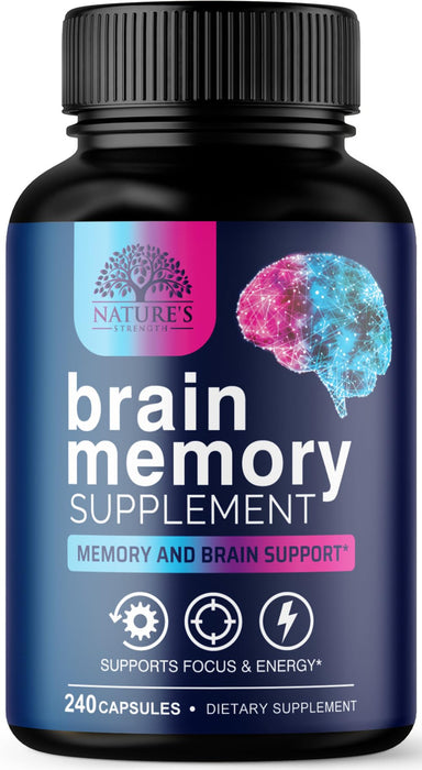 Brain Memory Supplement Pills - Nootropics Support for Concentration, Clarity, Alertness & Focus - Brain Health with Bacopa, Cognitive Vitamins, Phosphatidylserine, DMAE - Brain Booster - 240 Capsules