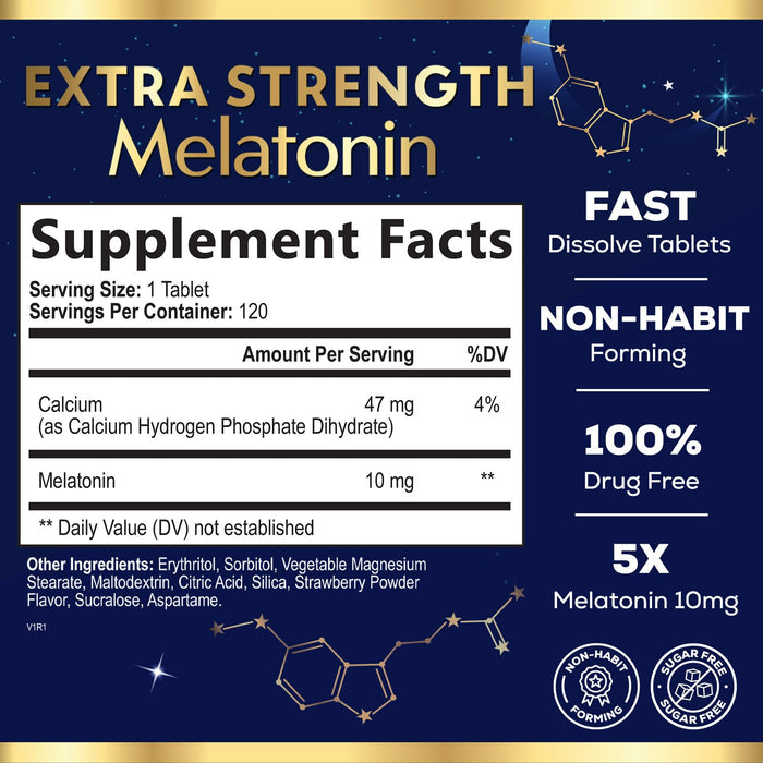 Melatonin 10 mg Fast Dissolve, Melatonin Supplements for Restful Sleep, Natural Sleep Support Supplement for Adults, Extra Strength Strawberry-Flavored Tablets, Sugar Free, 120 Tablets, 120 Day Supply