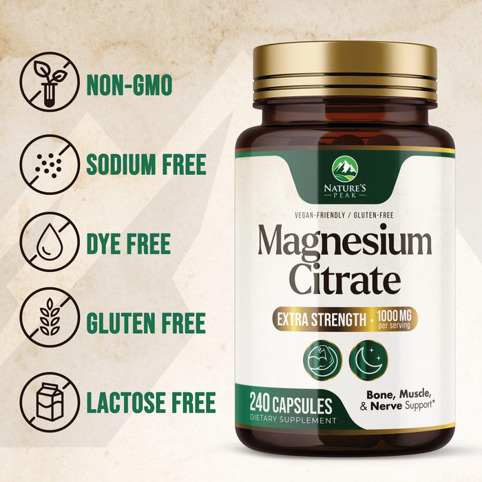 Magnesium Citrate 1000mg - High Absorption Magnesium Supplement Supports Muscle, Bone, Nerve & Heart Health - Extra Strength Magnesio Complex Pills - Non-GMO, Premium Energy Formula - 240 Capsules