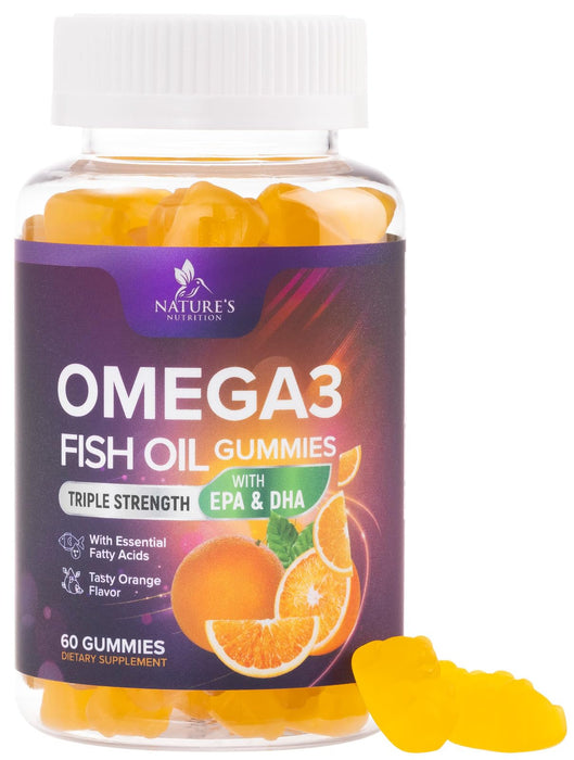 Omega-3 Gummies, Fish Oil Gummies for Adults & Kids, Omega-3 Gummy Vitamins, EPA & DHA Fish Oil Fatty Acids Gummy Supplement, Nature's Supplements for Joint, Heart Health, & Brain Support - 60 Count