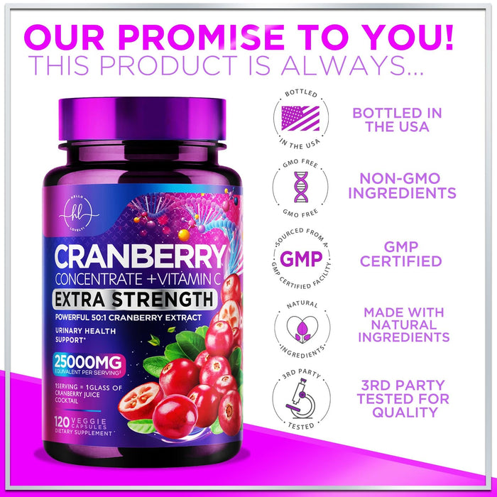 Cranberry Supplement 25,000mg Formula + Vitamin C – Urinary Tract Health Support for Women & Men, 50:1 Whole Fruit Cranberry Extract Pills for Women, Sugar-Free, Non-GMO, Gluten-Free - 120 Capsules
