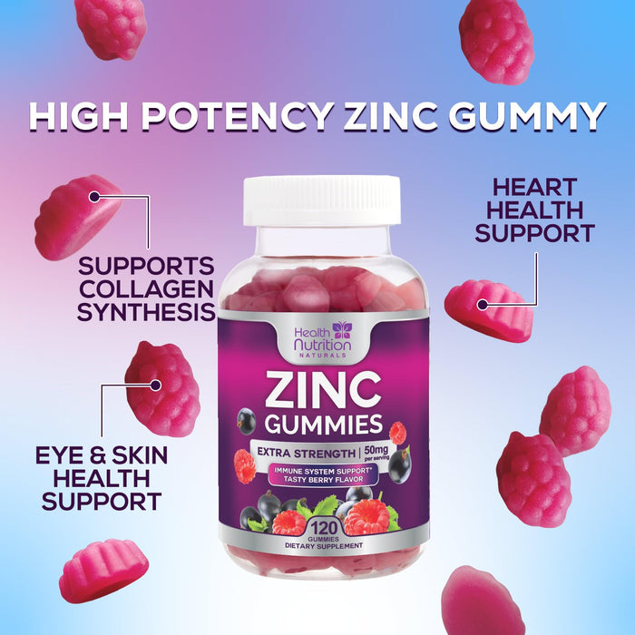 Zinc Supplement 50mg Gummies for Adults - Max Strength Skin Health & Immune Support Gummy, Vegan, Non-GMO & Gluten Free, Nature’s Antioxidant & Bone Health Chewable Tasty Berry Flavor - 120 Gummies