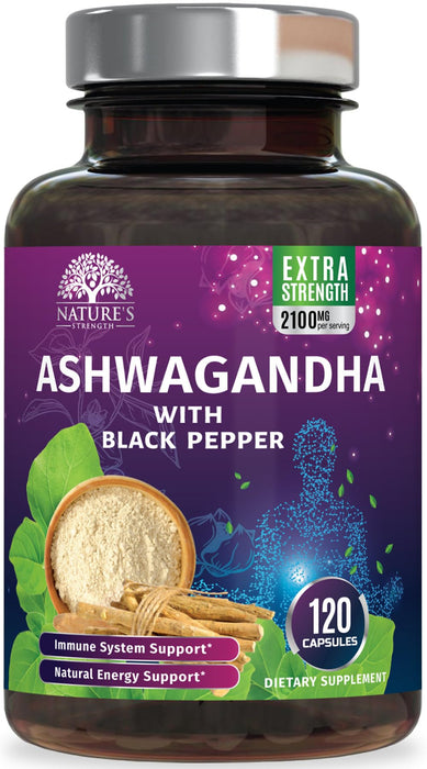 Ashwagandha 2100mg - Extra Strength with Black Pepper for Max Absorption, Ashwagandha Powder and Root Supplements for Women & Men, Antioxidant Support, Vegan, Non-GMO & Gluten Free - 120 Capsules