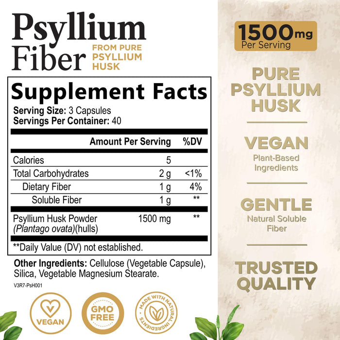 Psyllium Husk Fiber Caps 1500mg Supplement - Psyllium Husk Capsules Daily Support Digestive Health & Regularity, Nature's Plant Based Husks Natural Soluble Fiber Pills, Vegan, Non-GMO - 180 Capsules