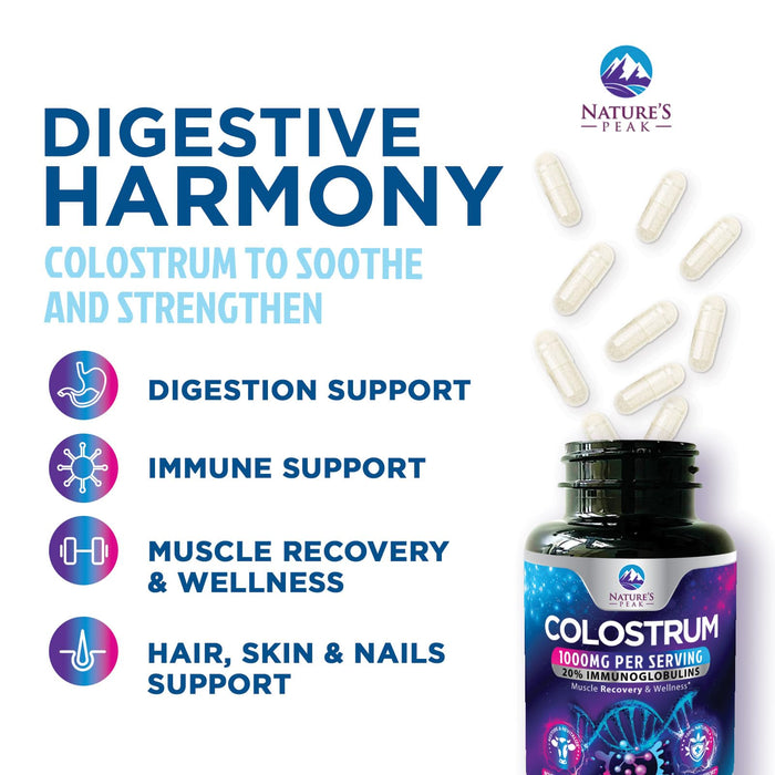 Colostrum Supplement 1000mg 20% Immunoglobulins for Gut Health, Immune Support, Muscle, Skin & Hair Growth, Bovine Colostrum Powder, Nature's Colostrum for Women & Men, Bottled in USA - 60 Capsules